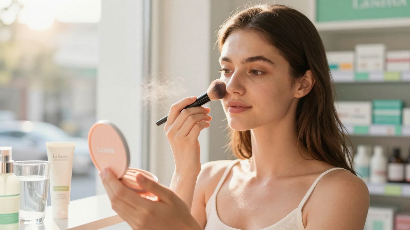 Mulher aplicando pó facial com pincel enquanto se olha no espelho em ambiente iluminado.