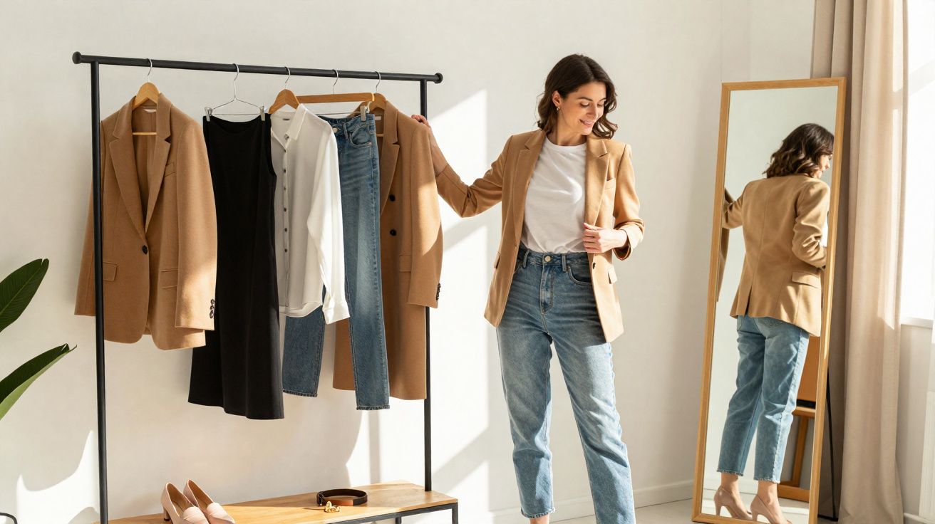Mulher escolha roupas casual com blazer bege, calça jeans, espelho e cabide com roupas penduradas ao lado.