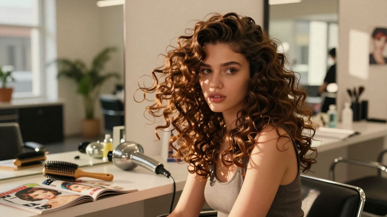 Jovem mulher com cabelos cacheados e volumosos sentada em salão de beleza, com revista e secador à frente.