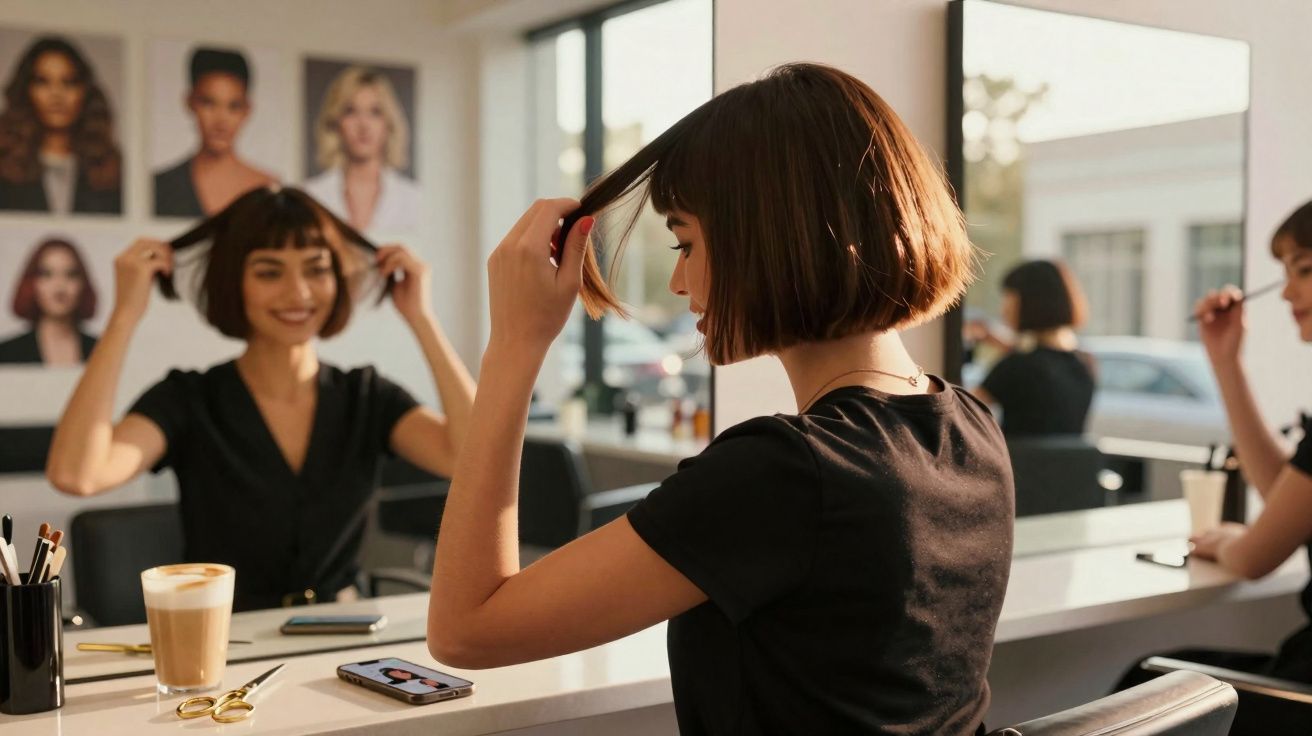 Mulher de cabelo curto se olhando no espelho em salão de beleza iluminado, com xícara e celular na mesa.