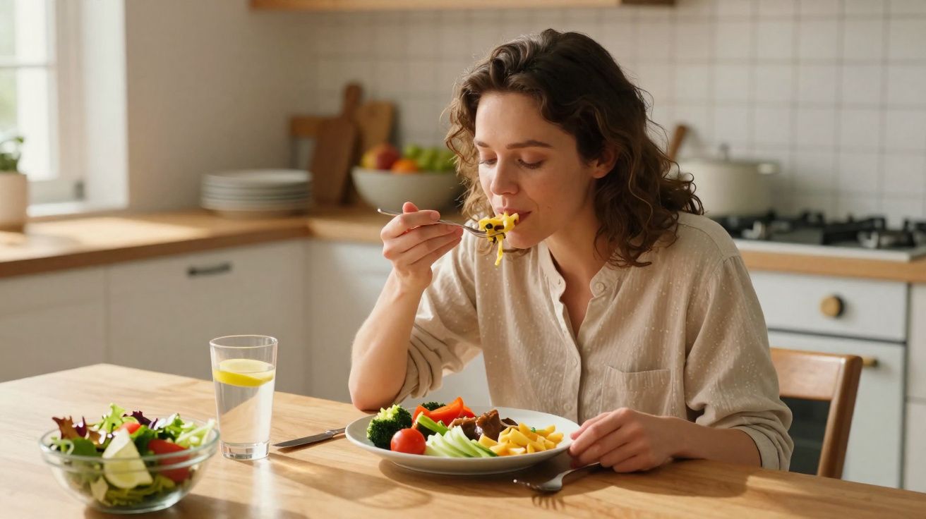 Mulher com expressão de prazer comendo macarrão e legumes em cozinha clara, com salada e copo de água na mesa.