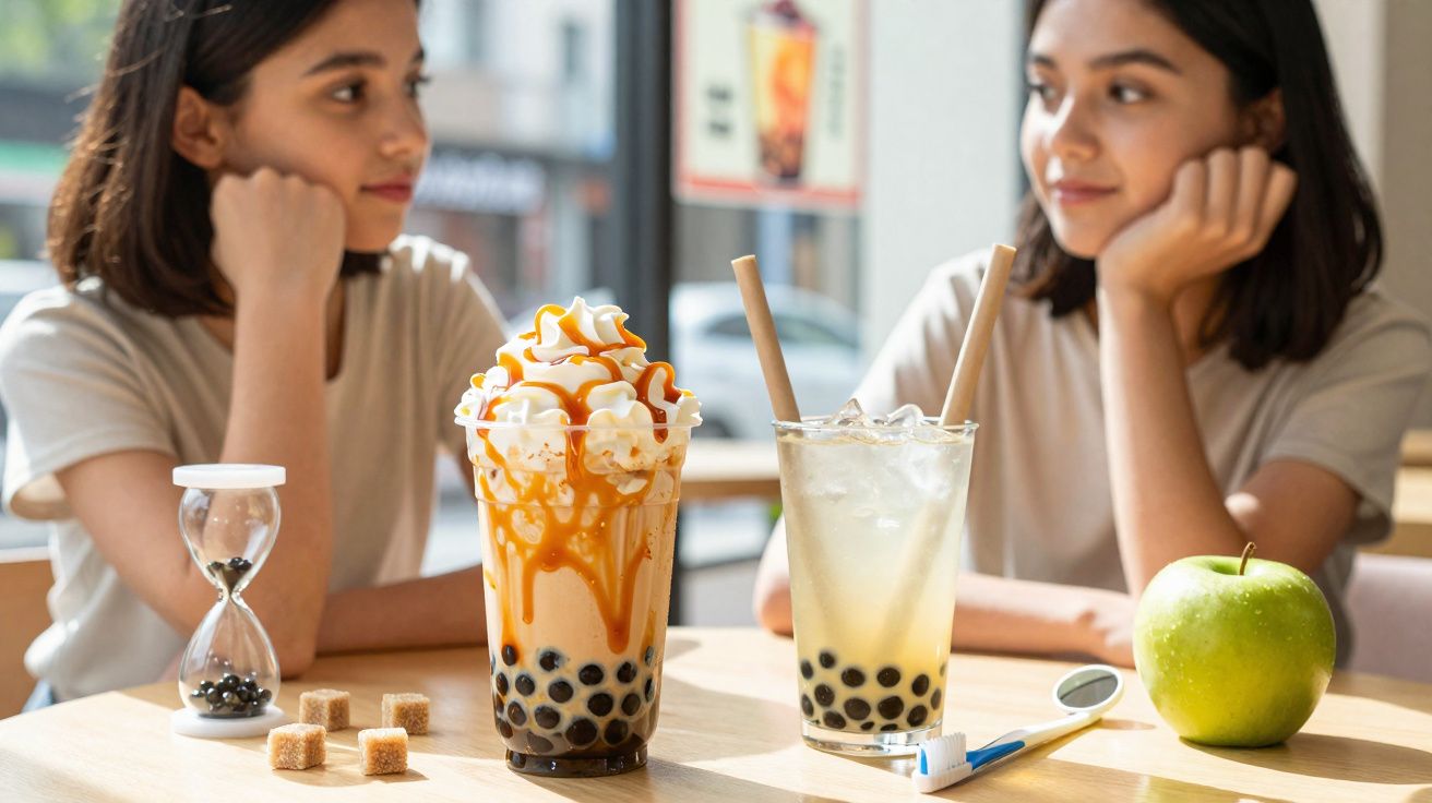 Duas mulheres sentadas olhando uma para a outra com bebidas de chá de bolhas sobre a mesa.