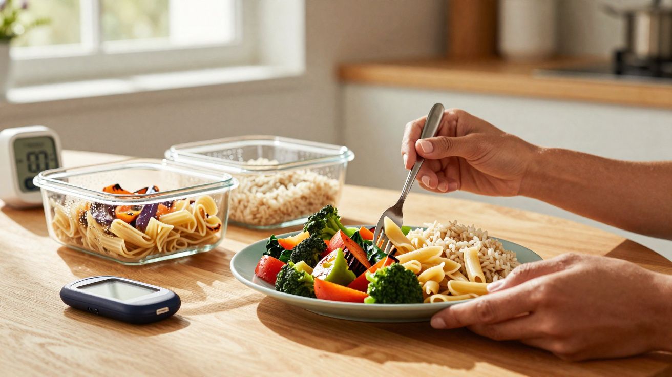 Pessoa segurando prato com vegetais cozidos, macarrão e arroz, ao lado de pacotes para marmita e monitor de glicose.