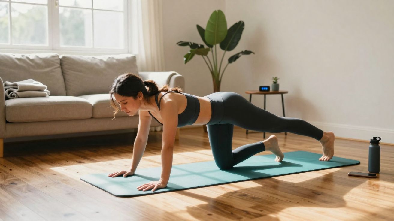 Mulher praticando exercícios de alongamento em tapete de yoga na sala de estar iluminada.