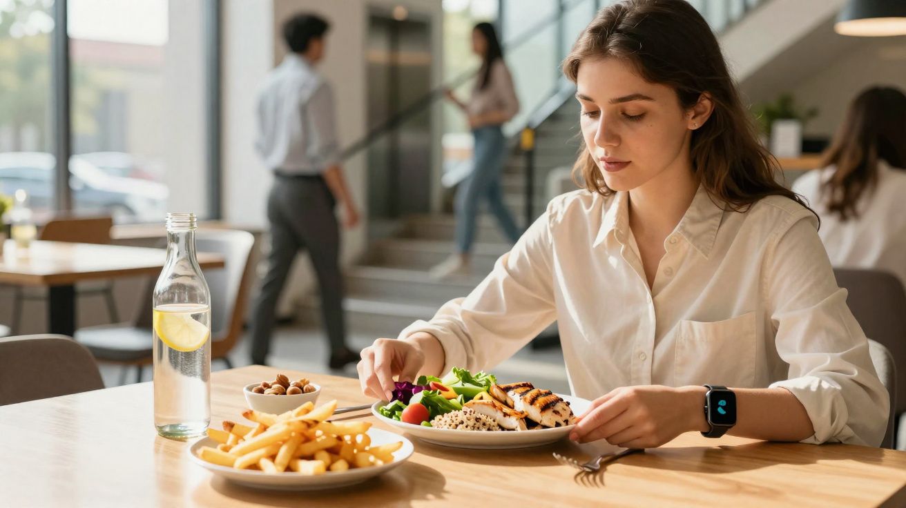 Mulher jovem com camisa clara almoçando salada com frango grelhado em restaurante iluminado.