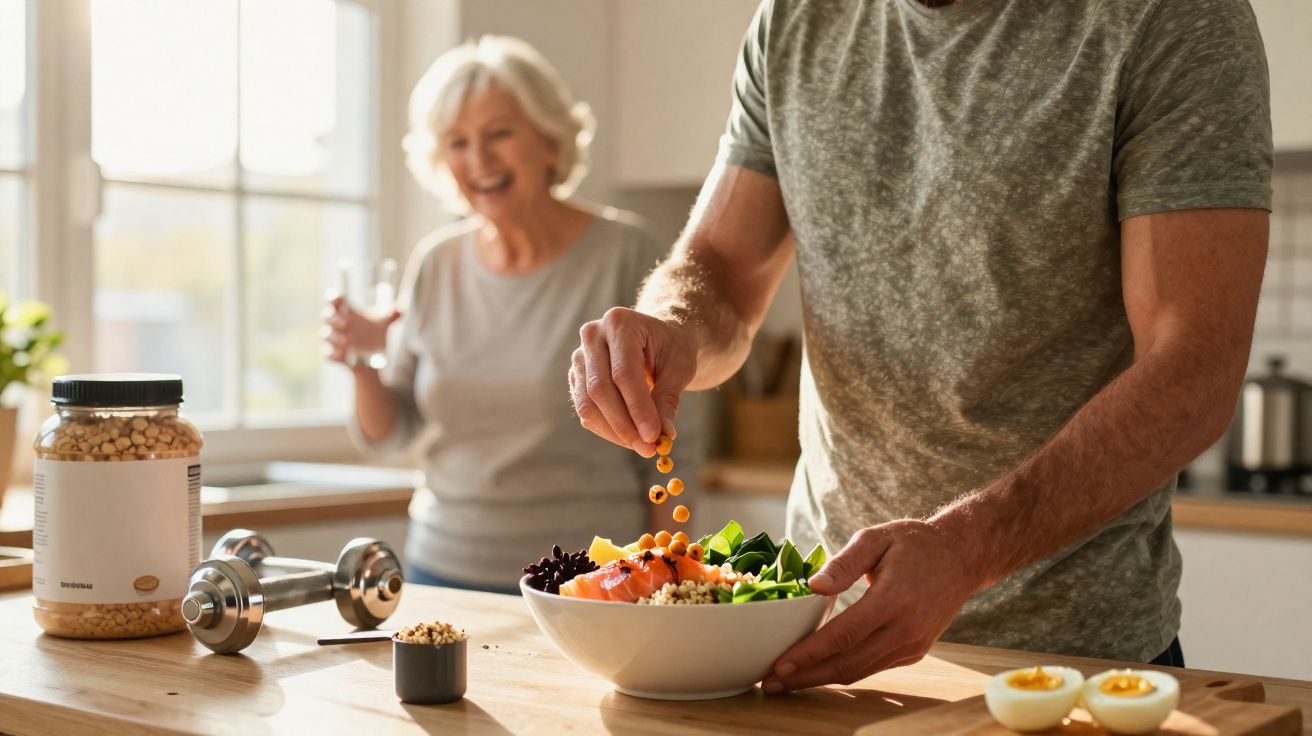 Homem preparando salada saudável na cozinha com mulher sorrindo e halteres ao fundo.