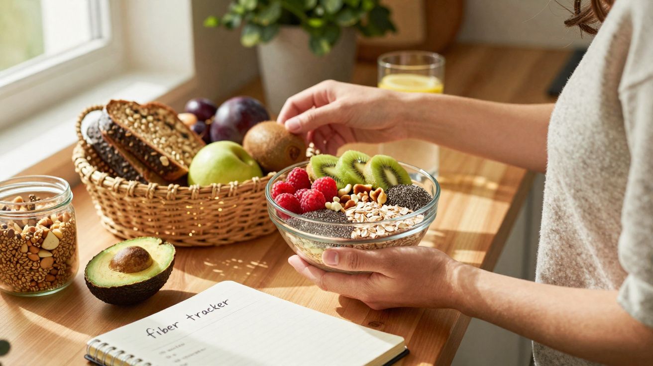 Pessoa segurando tigela com frutas e sementes ao lado de caderno, abacate e cesta de frutas sobre mesa de madeira.