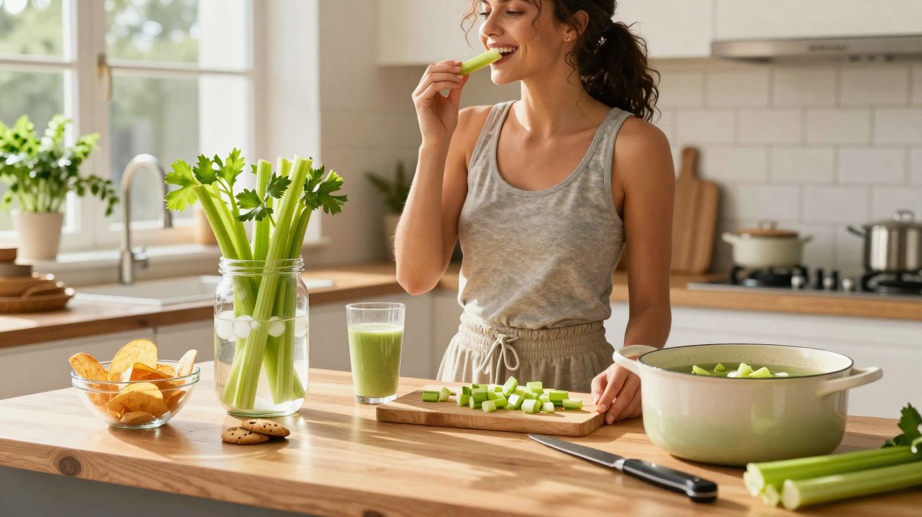 Mulher sorrindo enquanto come talo de aipo em cozinha moderna com vegetais frescos e suco verde.