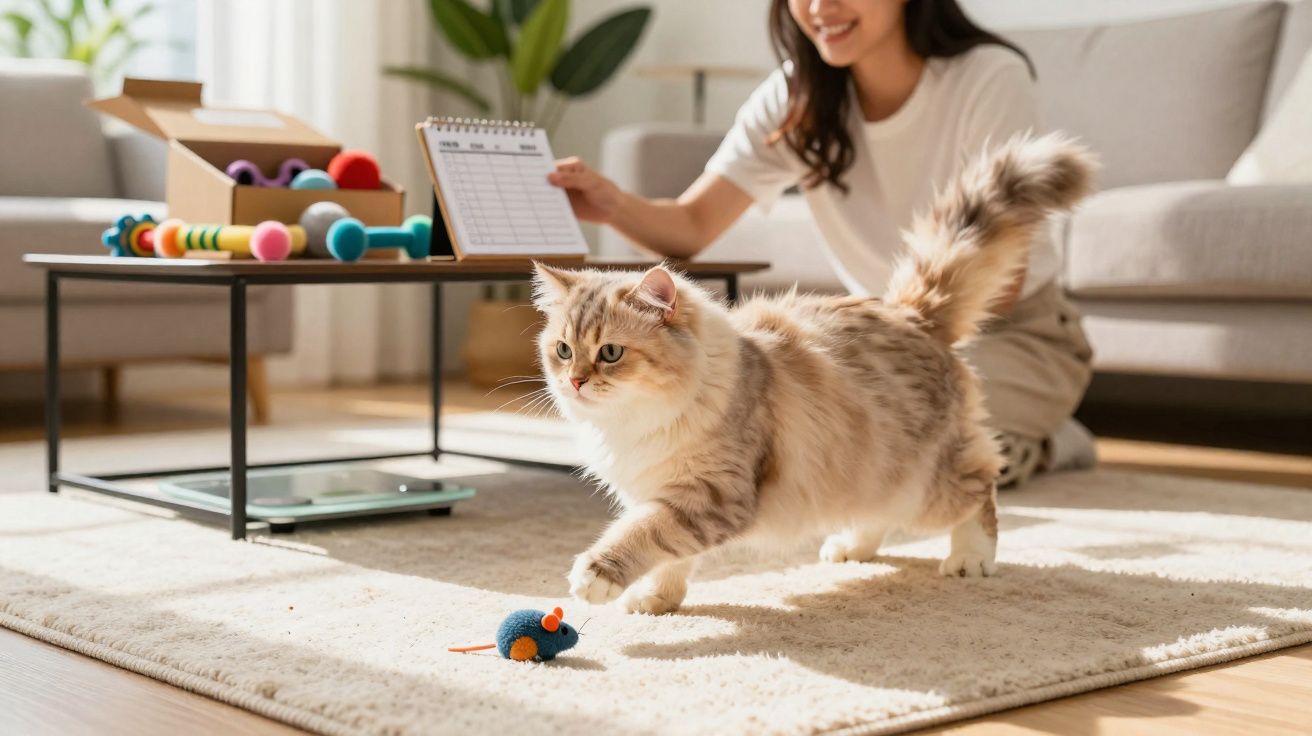Gato cinza brincando com brinquedo de rato em tapete, mulher sorrindo ao fundo em sala iluminada.
