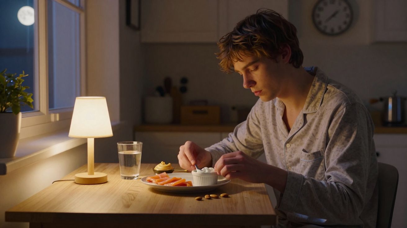 Jovem de pijama comendo cenouras e molhos à noite com lua visível pela janela.