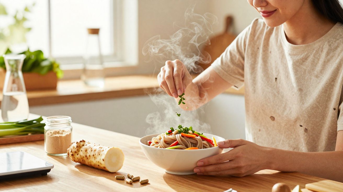 Mulher temperando espaguete quente com ervas frescas em cozinha iluminada natural.