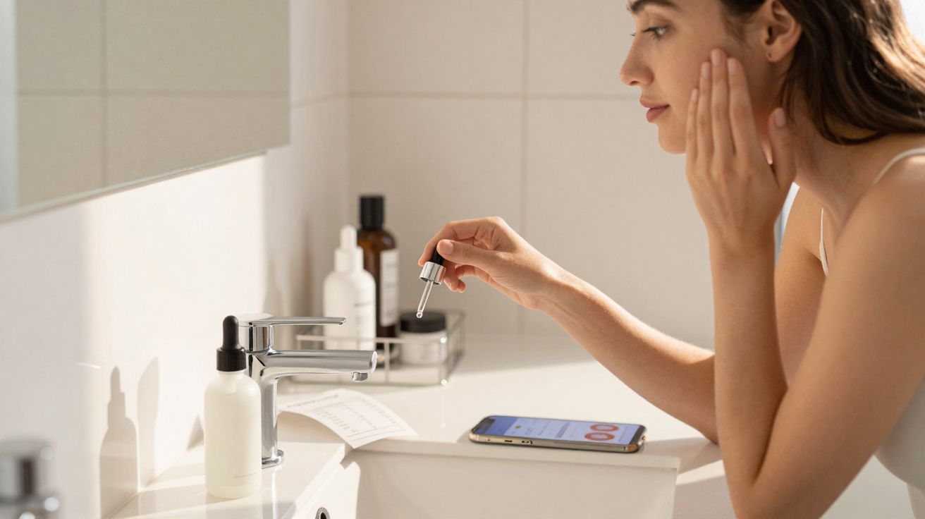 Mulher aplicando sérum facial no rosto diante do espelho no banheiro com celular na bancada.