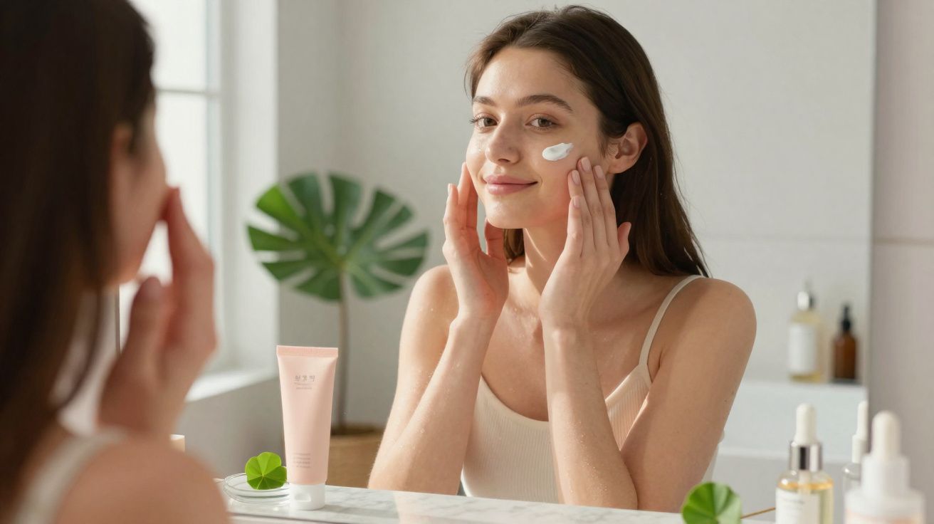 Mulher aplicando creme facial no rosto em frente ao espelho em ambiente claro e organizado.