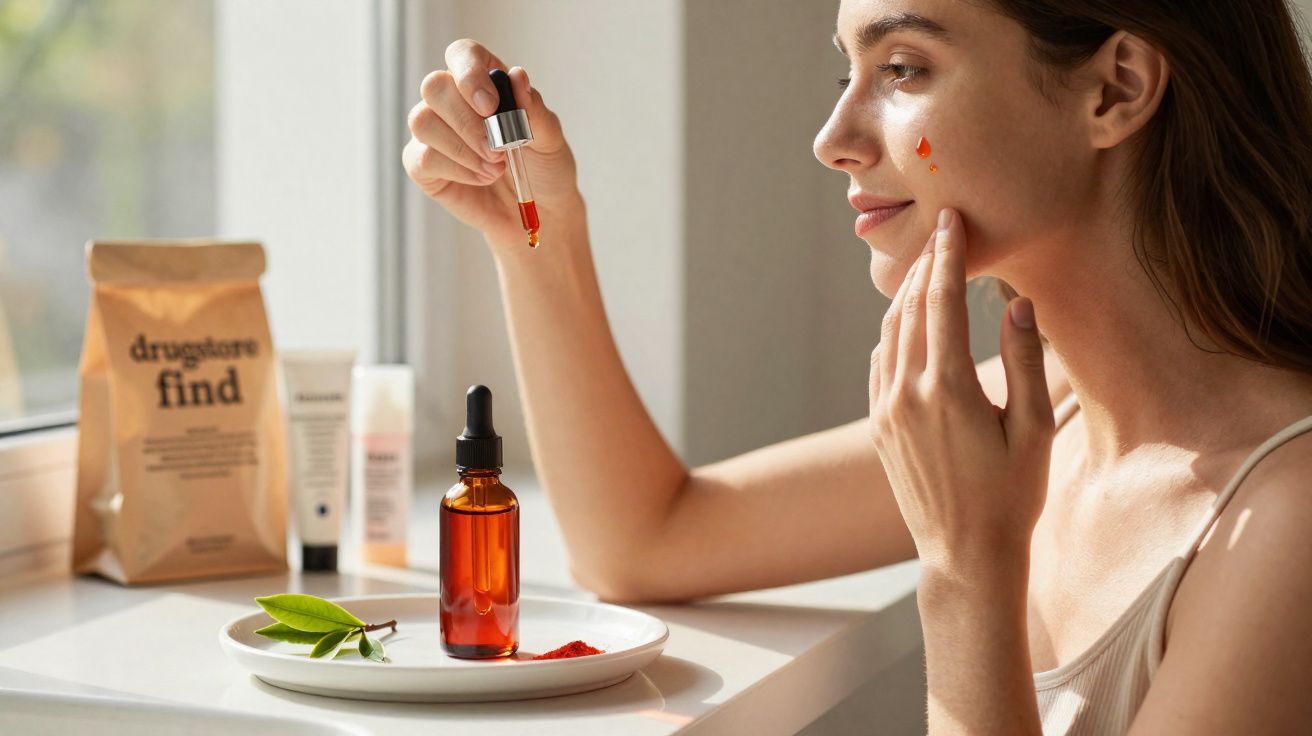 Mulher aplicando sérum facial com conta-gotas próximo à janela em ambiente iluminado natural.