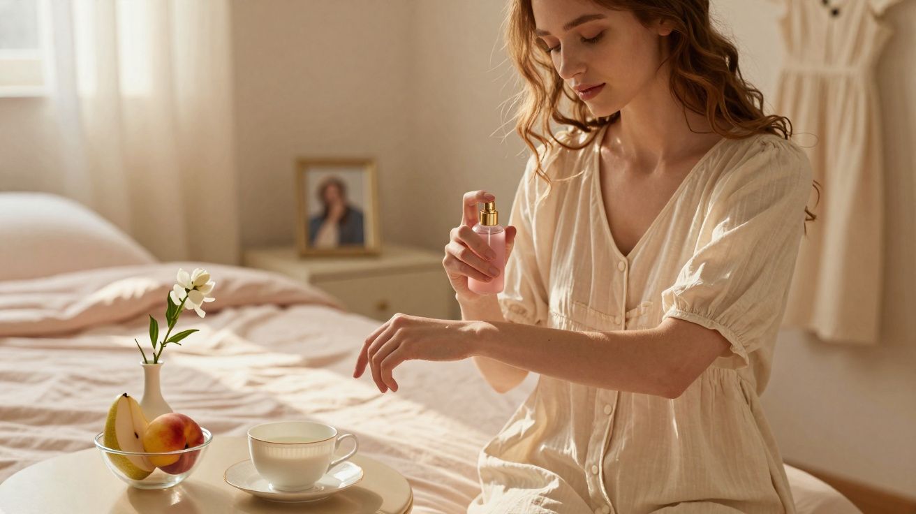 Mulher aplicando perfume no pulso sentado em cama com frutas e xícara em quarto iluminado.