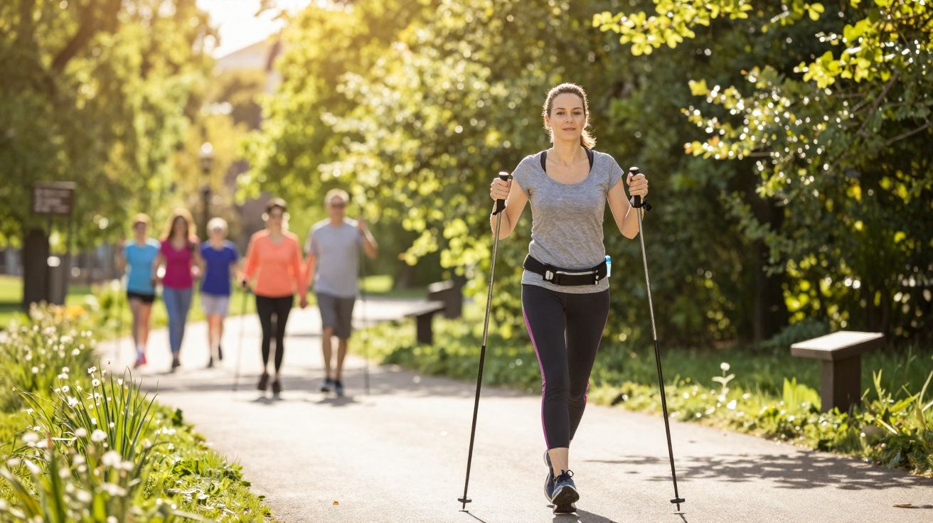 Mulher praticando caminhada com bastões em parque ensolarado, com grupo de pessoas ao fundo.
