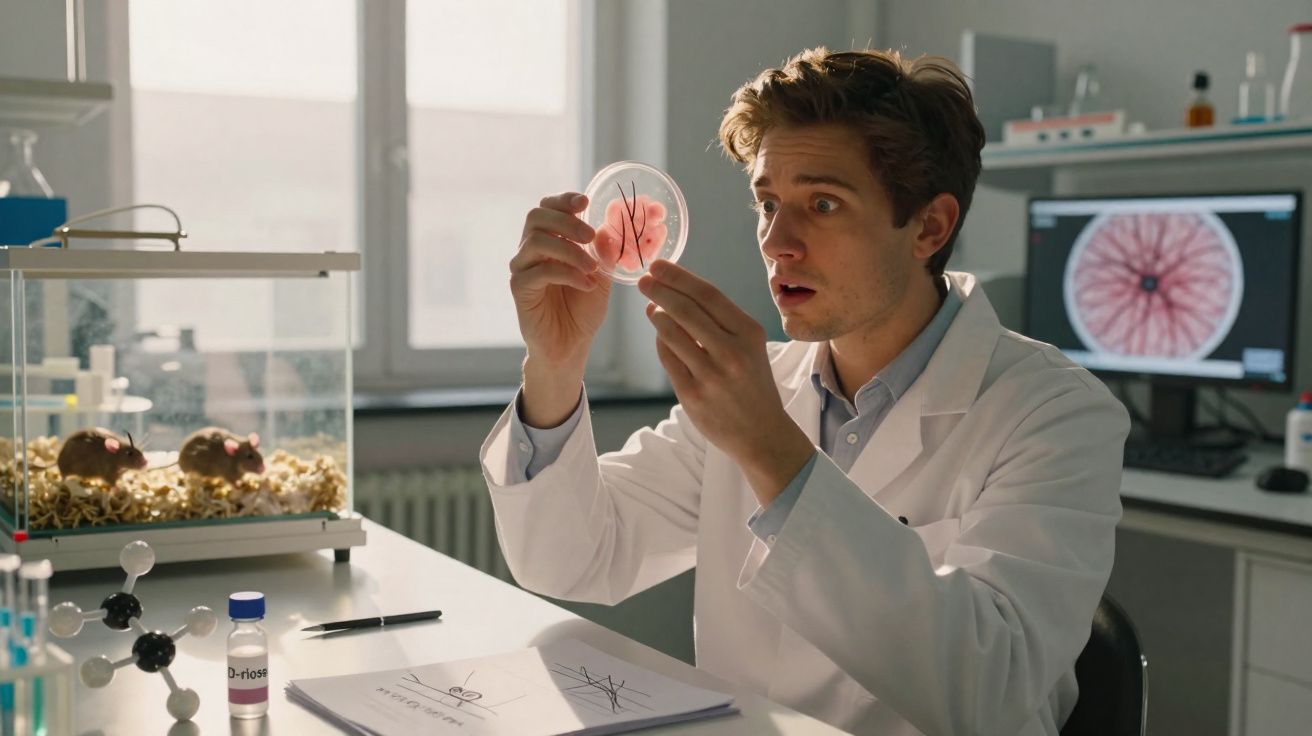 Cientista jovem em jaleco branco observa com surpresa uma lâmina de petri em laboratório.