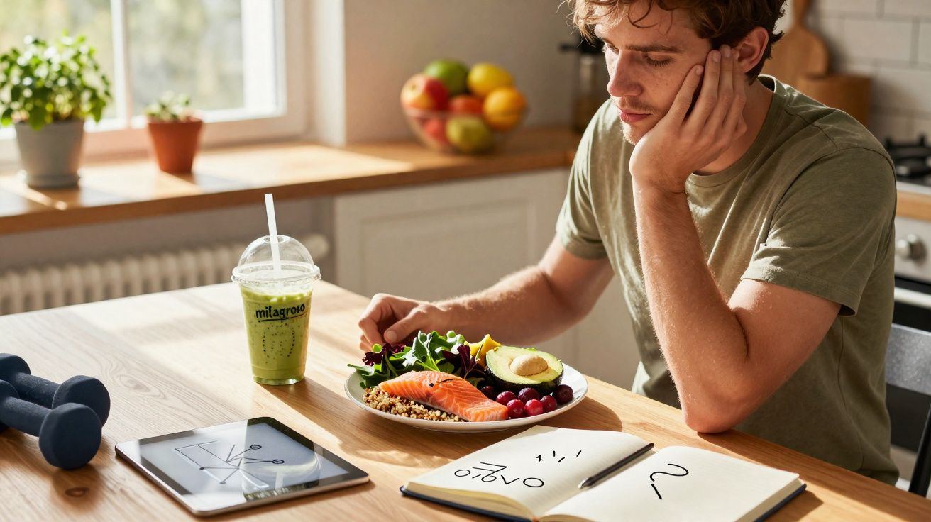 Homem pensativo sentado à mesa com prato saudável, tablet, caderno, e garrafa de suco verde.