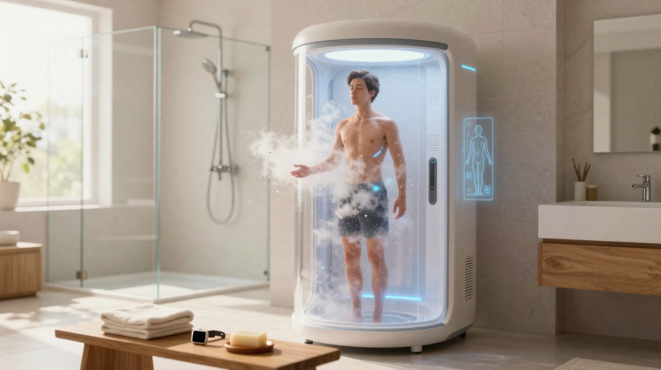 Homem no chuveiro futurista emitindo vapor dentro de banheiro moderno e iluminado.