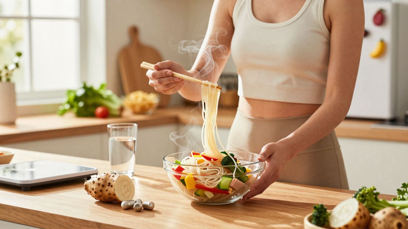 Pessoa segurando tigela com macarrão e legumes na cozinha ensolarada.