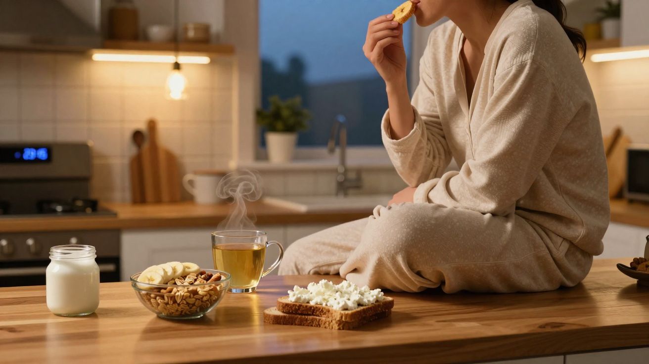 Pessoa vestindo pijama bege comendo biscoito sentada no balcão da cozinha, com lanche e chá.