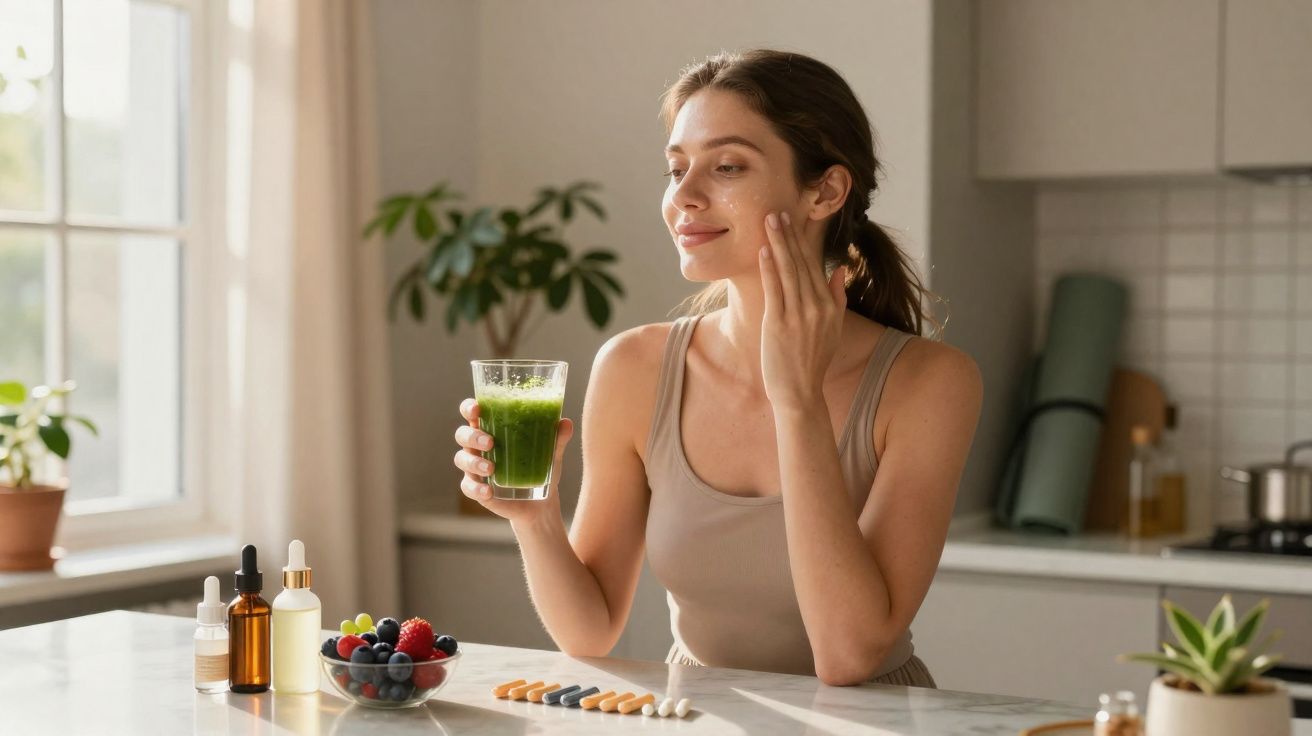 Mulher sorrindo segurando copo com suco verde, ao lado de frutas e suplementos na cozinha.