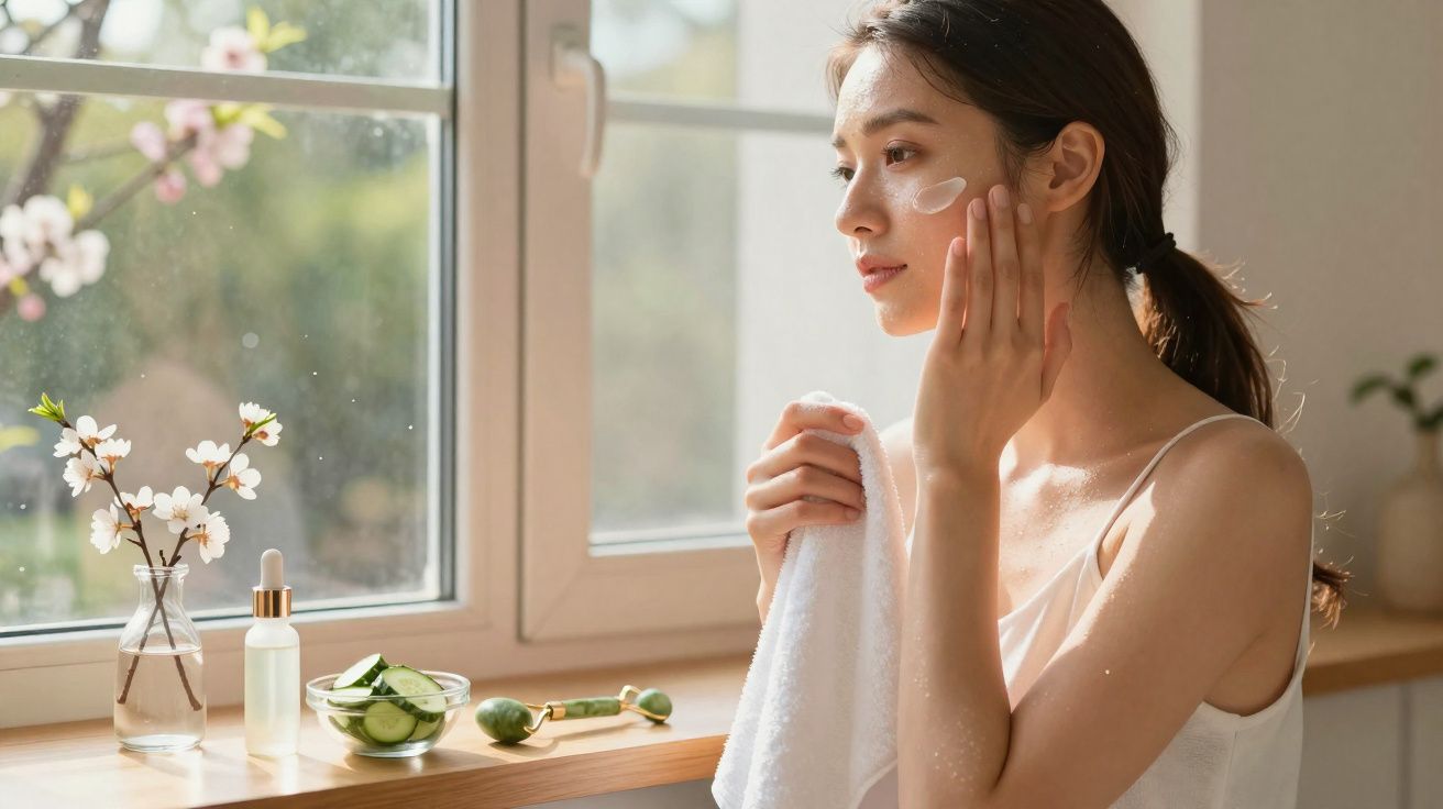 Mulher aplicando creme facial ao lado da janela com toalha, flores e itens de cuidado na bancada.