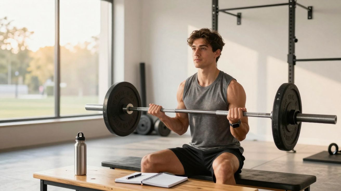 Jovem sentado em banco de academia fazendo exercício de rosca direta com barra e pesos.