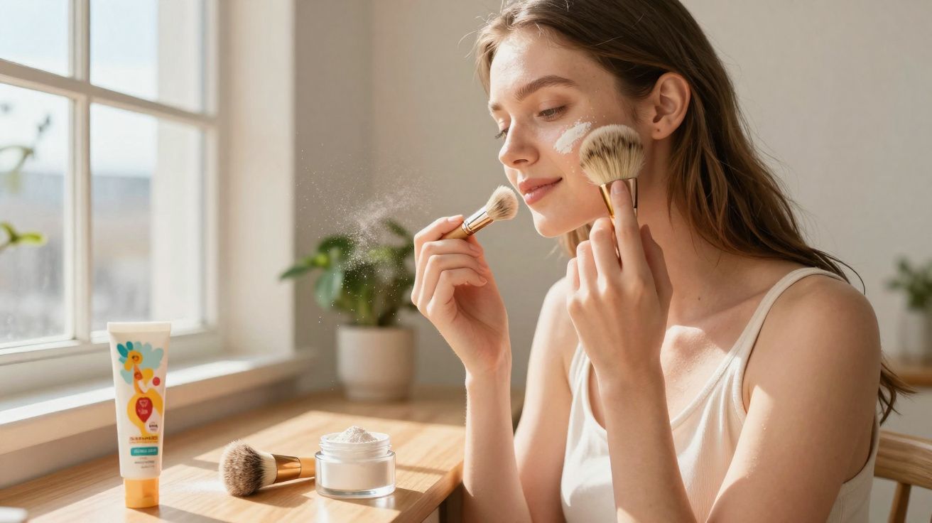 Mulher aplicando pó facial com pincel em ambiente iluminado próximo à janela e produtos de beleza.