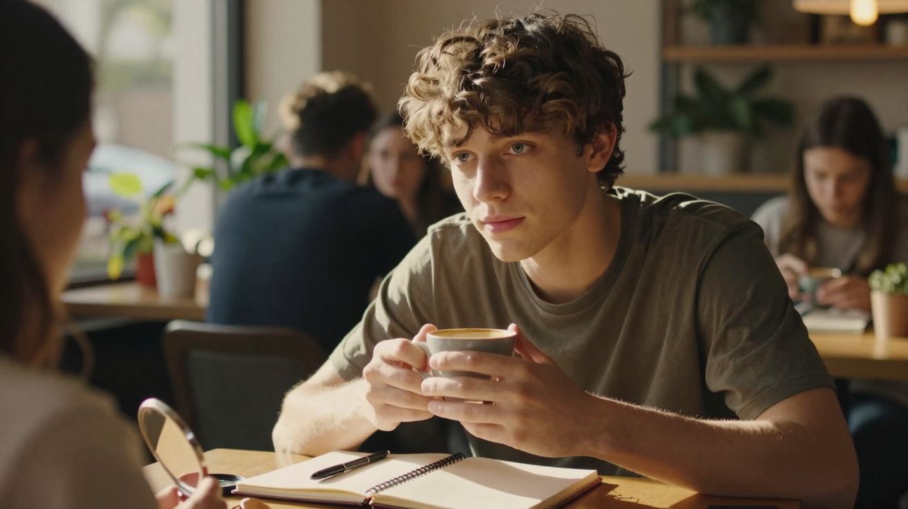Jovem com camiseta verde segurando xícara enquanto conversa com outra pessoa em café com caderno aberto.