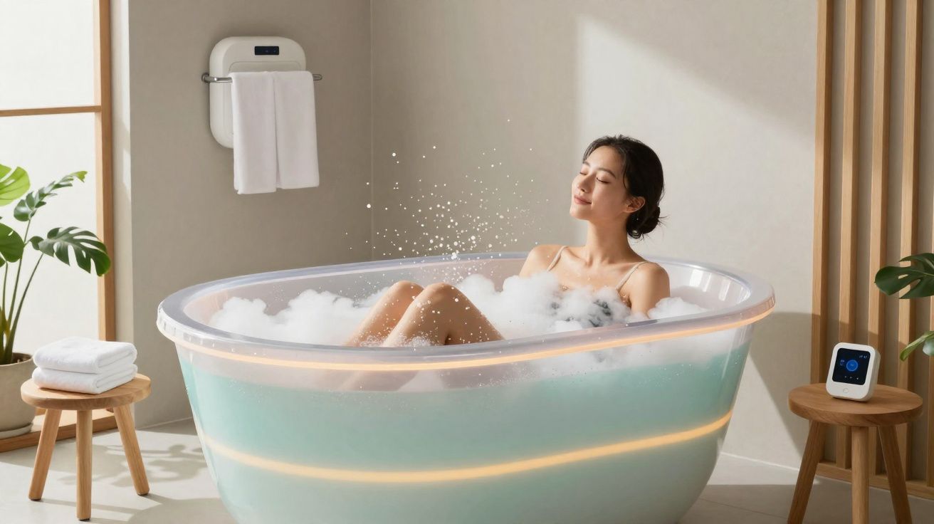 Mulher relaxando em banho de espuma em banheira moderna em banheiro iluminado e decorado com plantas.