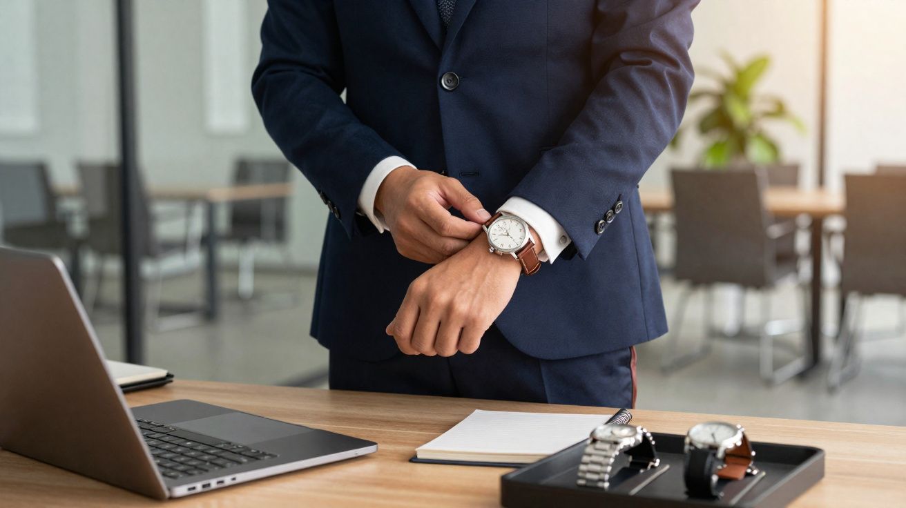 Homem vestido com terno ajusta relógio de pulso, ao lado de laptop e outros relógios sobre mesa.