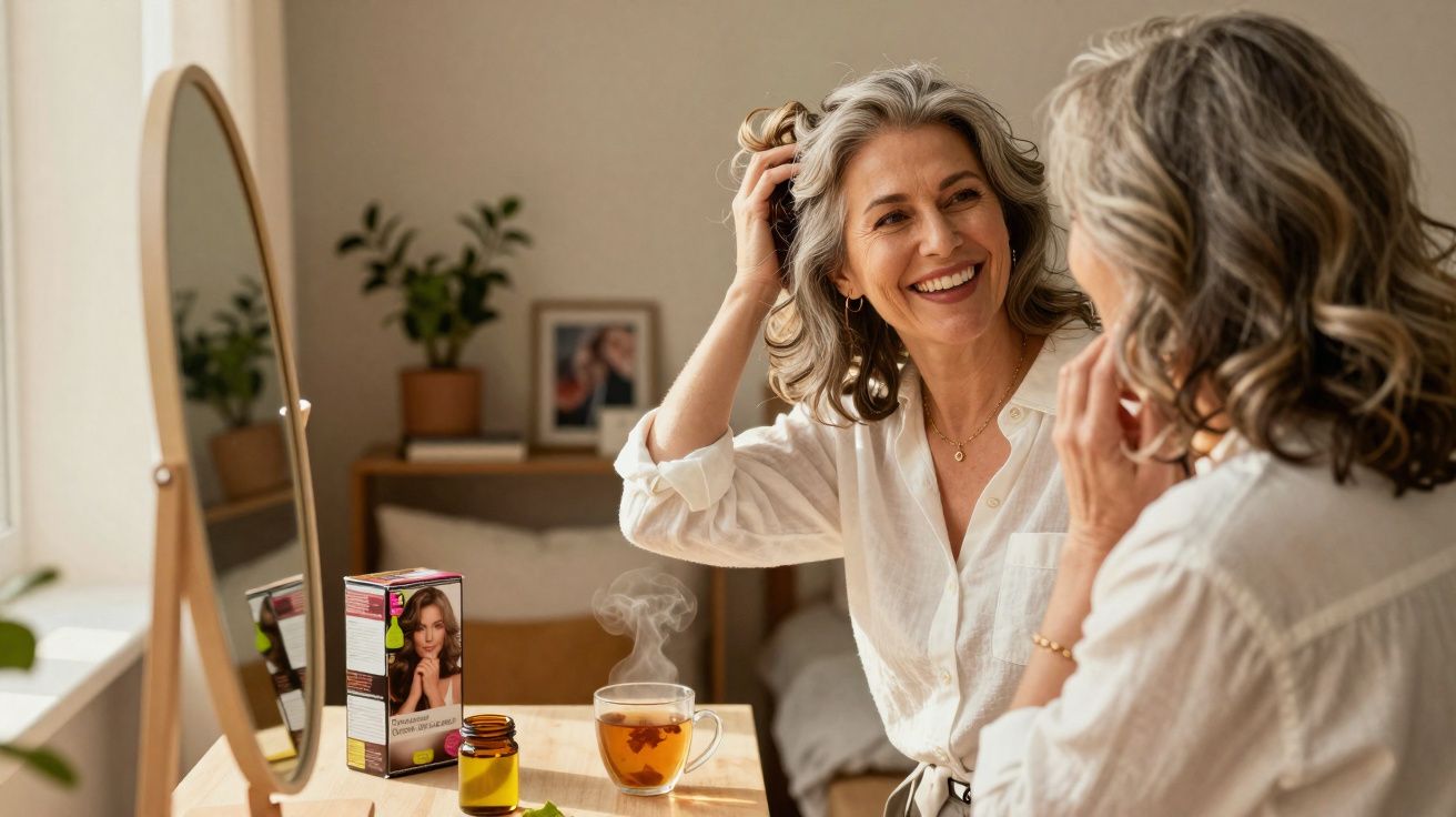 Mulher madura sorrindo ao se olhar no espelho enquanto faz tratamento capilar em casa.