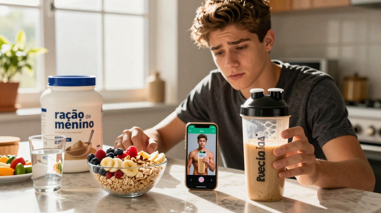 Homem jovem na cozinha tira selfie segurando copo de shake ao lado de tigela de frutas e pote de suplemento.