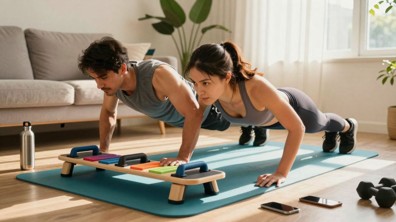 Casal jovem fazendo flexões juntos em um tapete de yoga em sala iluminada por luz natural.