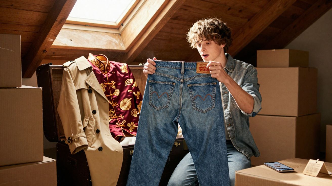Jovem em sótão iluminado segurando calça jeans, rodeado por caixas e roupas.
