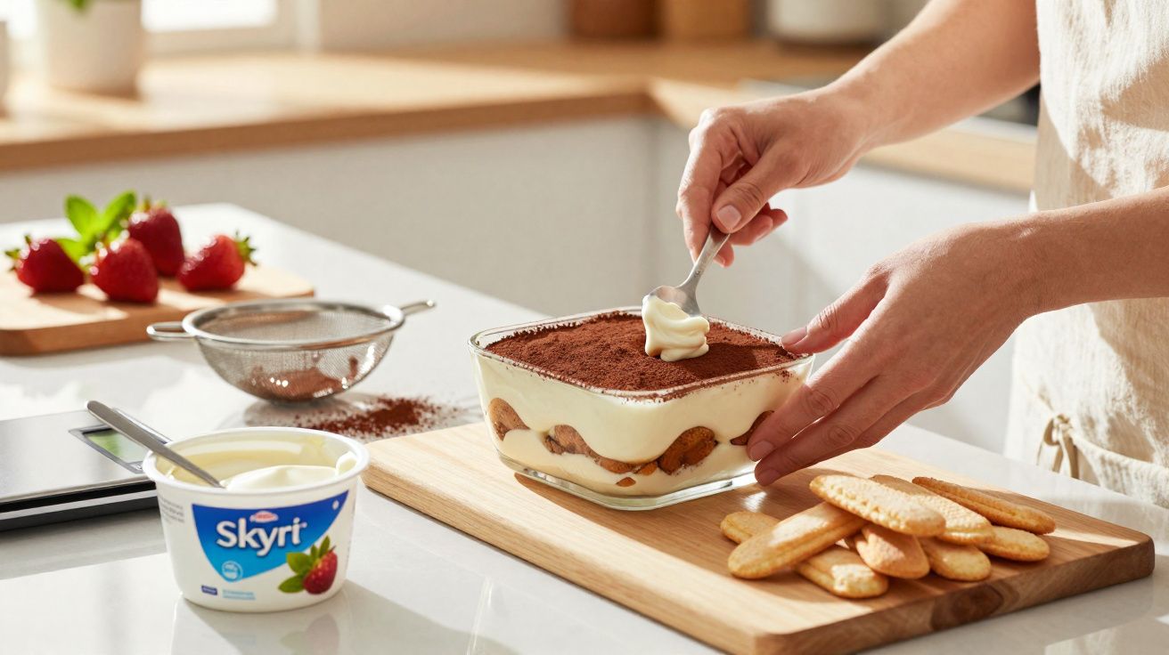 Pessoa decorando tiramisu com creme ao lado de biscoitos, morangos e iogurte Skyr em bancada de cozinha.