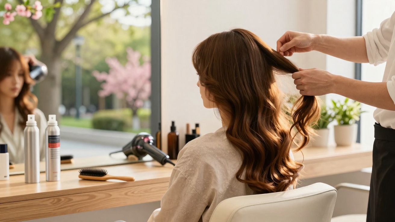 Mulher com cabelo longo sendo penteada em salão de beleza, espelho e produtos ao fundo.