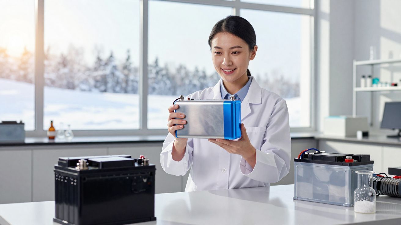 Cientista em laboratório segurando bateria de íon-lítio, mesas com baterias e janela com neve ao fundo.