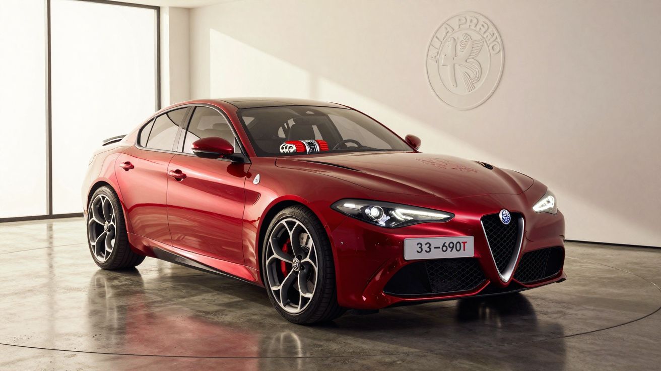 Carro esportivo Alfa Romeo Sedan vermelho em ambiente interno iluminado, vista frontal lateral direita.