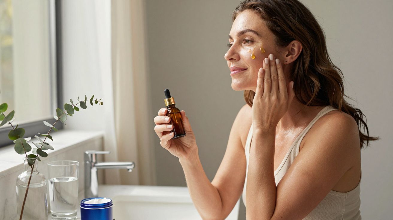 Mulher aplicando sérum facial com conta-gotas no rosto em banheiro iluminado pela luz natural.