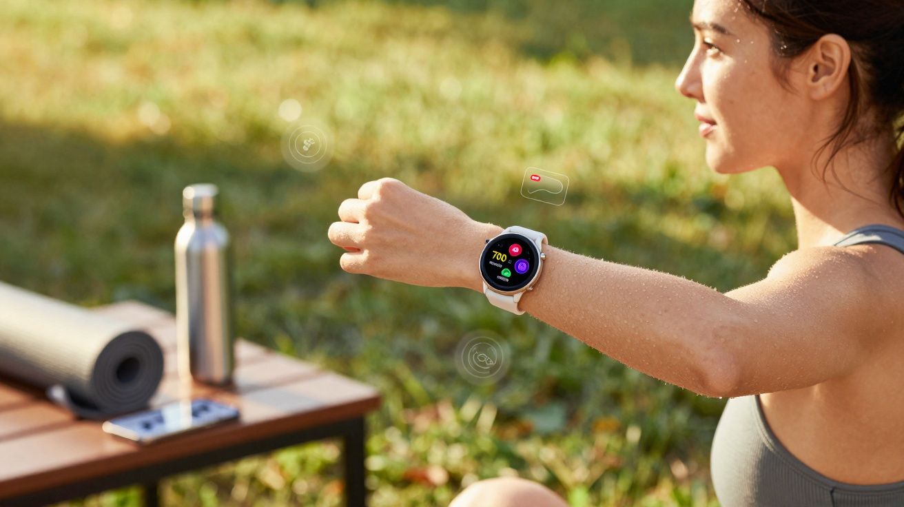 Mulher usando relógio inteligente para monitorar atividade física ao ar livre em dia ensolarado.