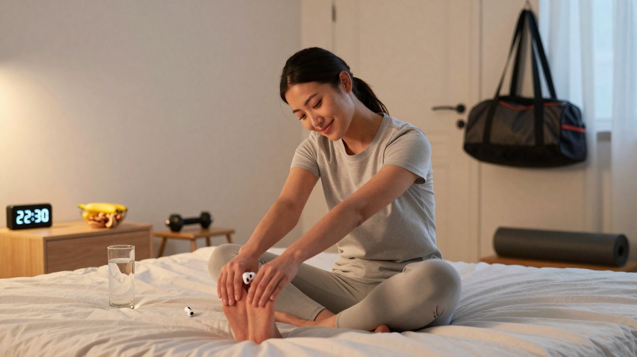 Mulher sentada na cama fazendo alongamento nos pés, com relógio digital e garrafa de água ao lado.