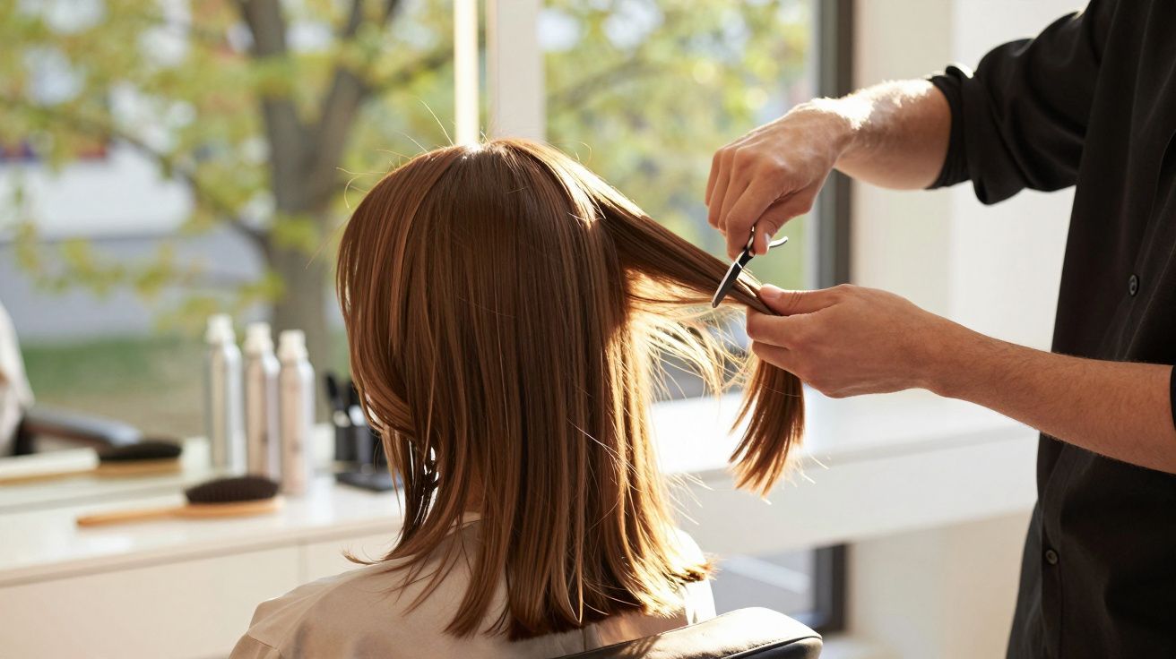 Pessoa cortando cabelo castanho médio em salão com luz natural e fundo desfocado.