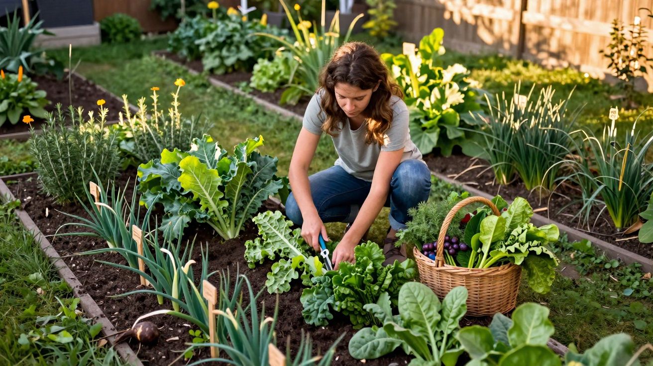 Mulher colhendo verduras em horta caseira com cesta de legumes frescos ao lado em ambiente ensolarado.