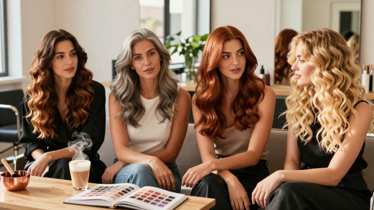 Quatro mulheres com cabelos ondulados em diferentes cores sentadas em um salão de beleza conversando.