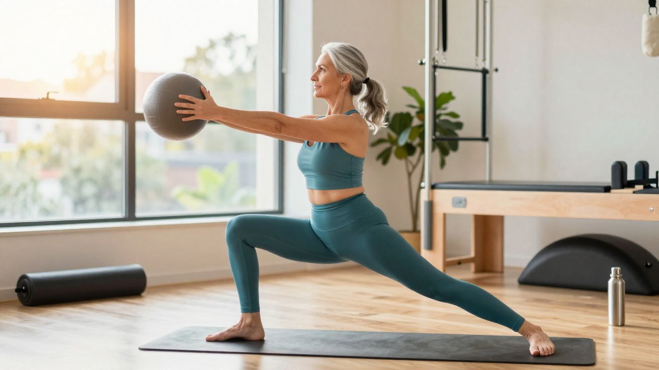 Mulher madura fazendo exercício com bola suíça em estúdio de pilates com luz natural.