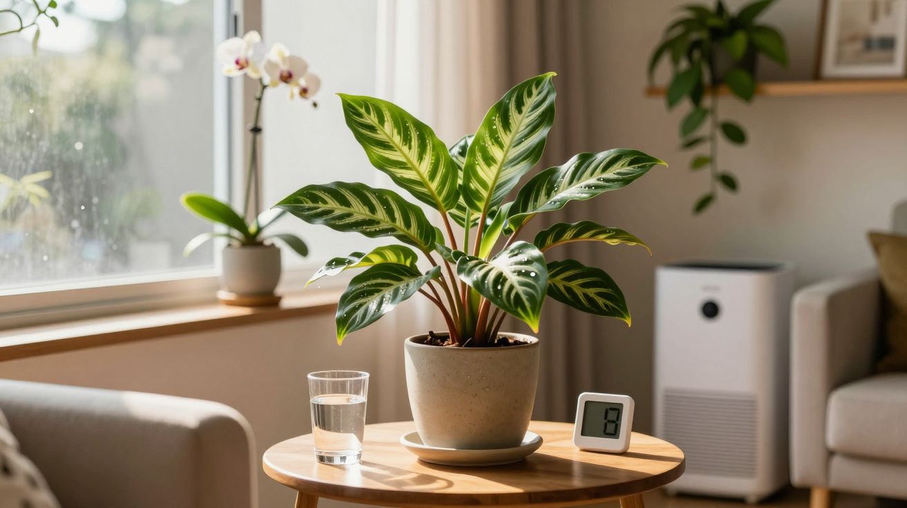 Planta em vaso sobre mesa de madeira com copo d'água e termômetro digital em sala iluminada por luz natural.