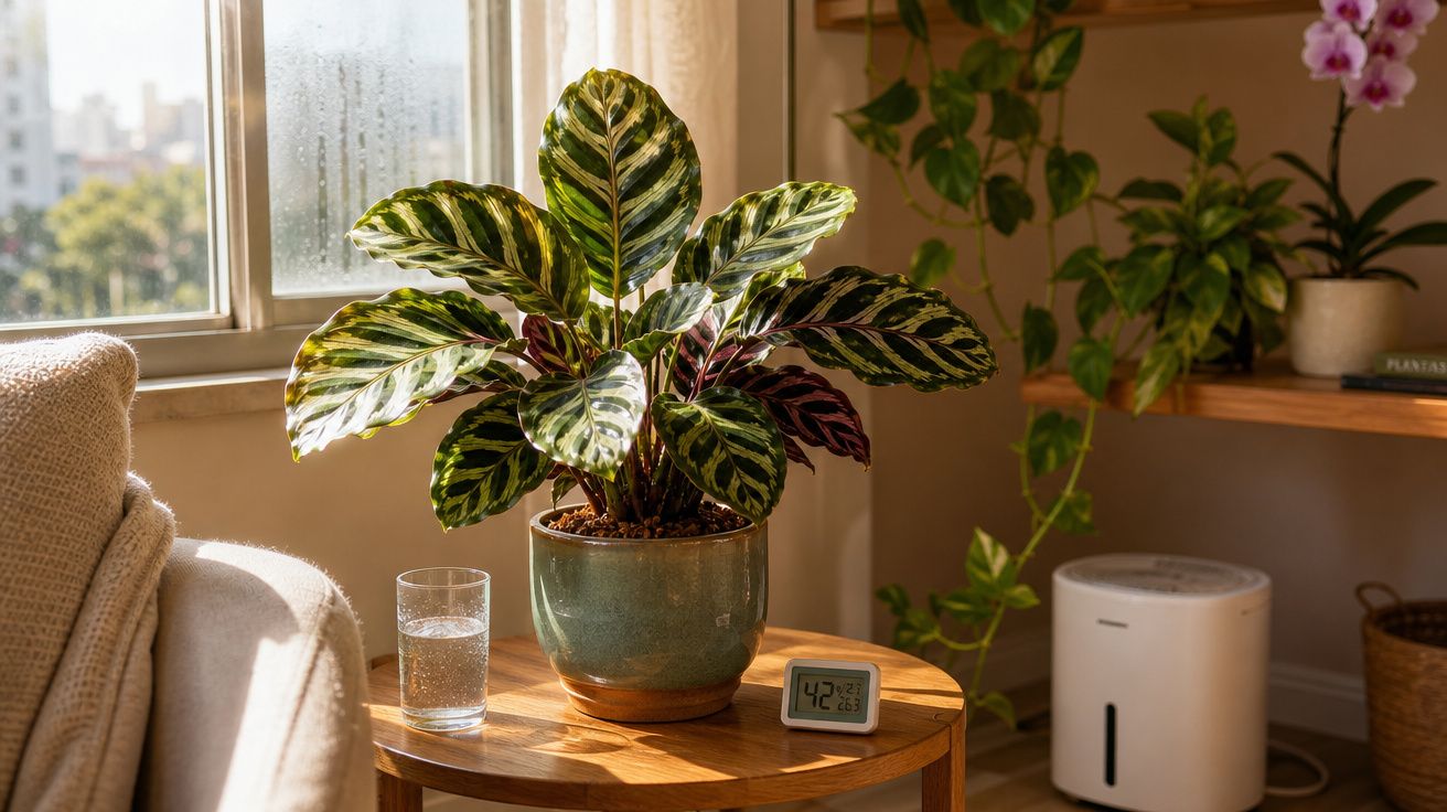 Planta em vaso sobre mesa com copo d'água e termômetro digital em sala iluminada pela janela.
