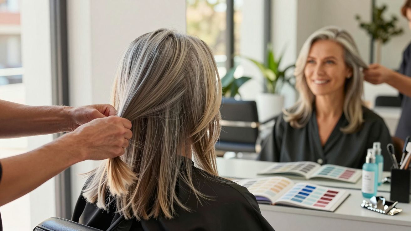 Mulher com cabelo grisalho é atendida por cabeleireiro em salão com paleta de cores à frente.